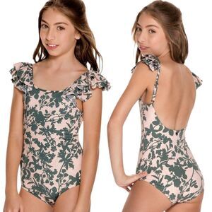 MAAJI "DUSK TIL DAWN" Sz M Floral Leaves Print Ruffle Shoulders Logo Swimsuit